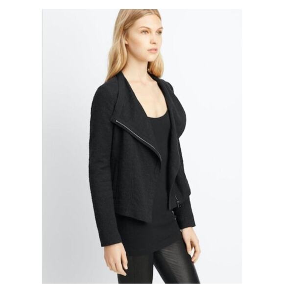 Vince Stretch Frise Asymmetrical Moto Black Knit Cotton Blend Jacket Size Small - Picture 1 of 11